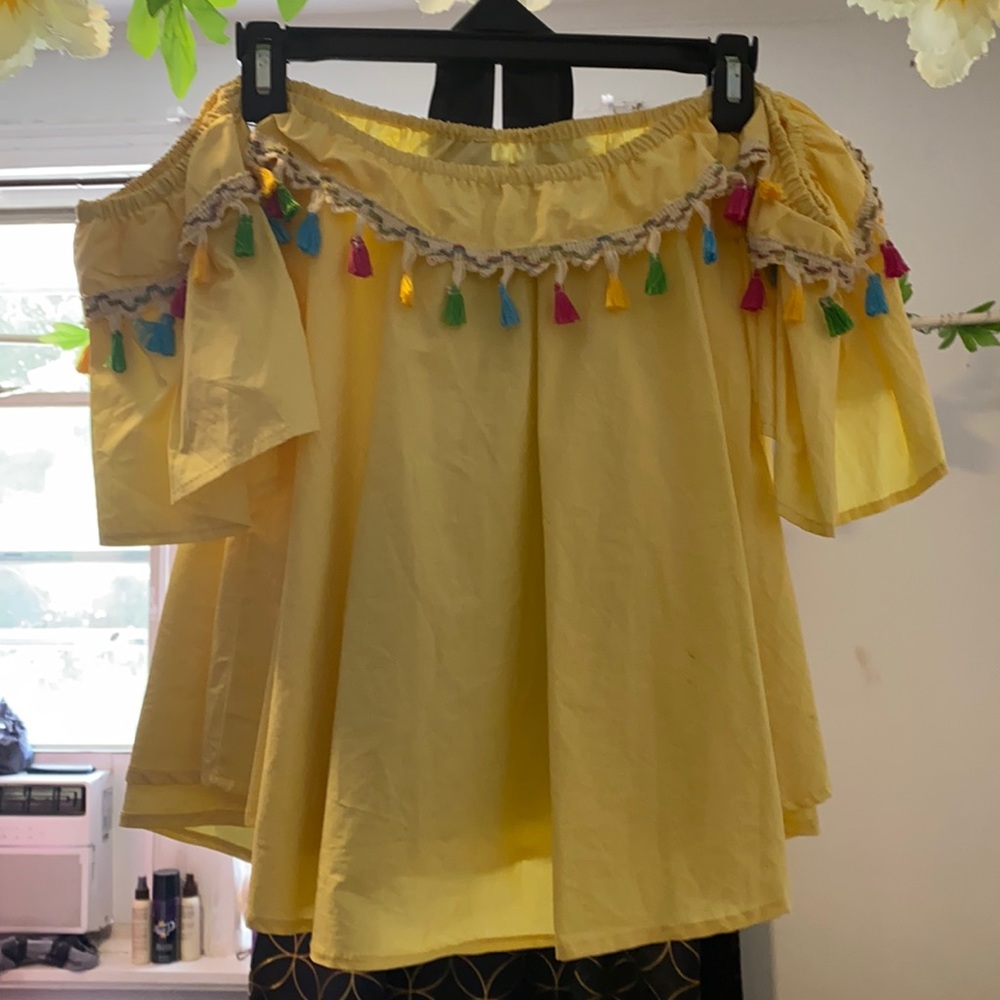 Beautiful yellow off the shoulder crop top with colorful fringe